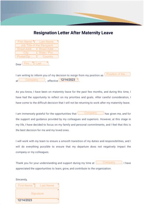 Resignation Letter After Maternity Leave Sign Templates Jotform