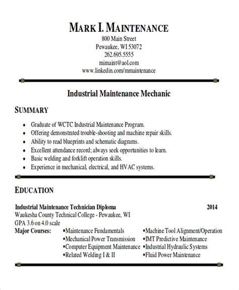 Free Sample Maintenance Technician Resume Templates In Ms Word Pdf