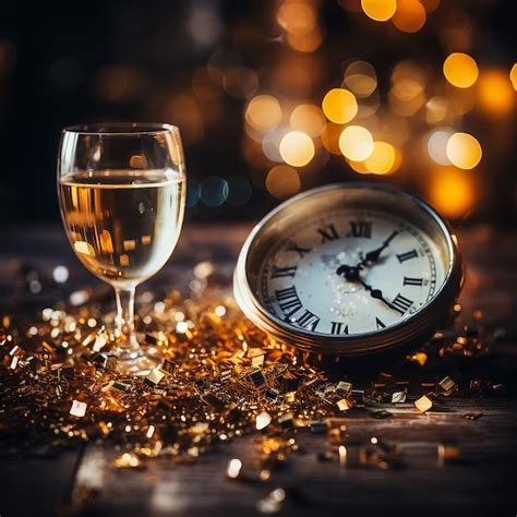 Premium Ai Image Champagne Glasses And Clock At Twelve Against Holiday Lights New Year S Eve