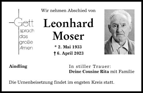 Traueranzeigen Von Leonhard Moser Allg Uer Zeitung