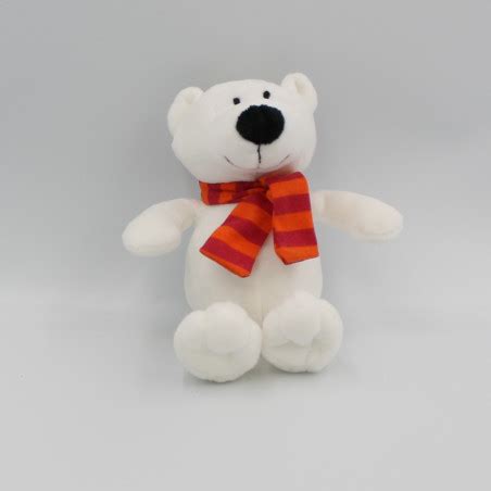 Doudou ours blanc écharpe rayé orange rouge UK CA