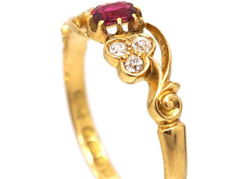 Edwardian 18ct Gold Ruby Diamond Trefoil Ring By Deakin Frances