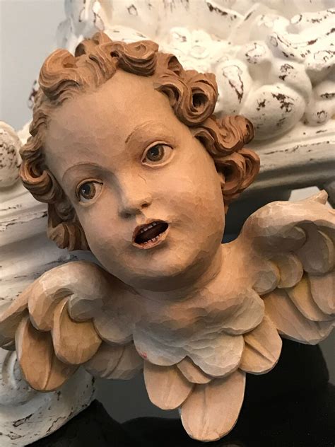 Vintage Wood Angel Head 7 Tall Polychrome Hand Carved Etsy