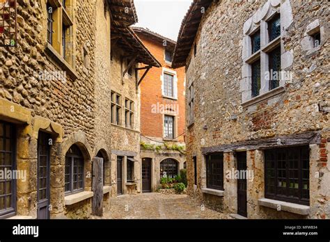 Medieval architecture of Perouges, France, a walled town, a popular ...