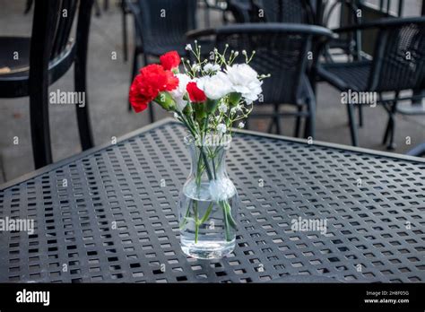 Side View Of A Glass Vase Filled With Red And White Carnations On Top