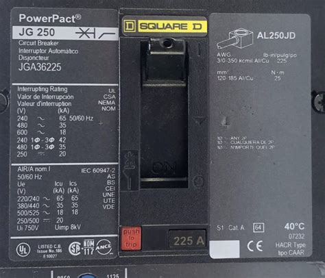 Square D JGA36225 3 Pole 225 600 Vac I Line Circuit Breaker