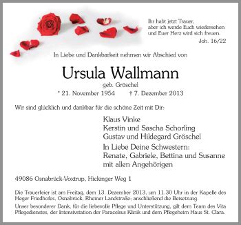 Traueranzeigen Von Ursula Wallmann Noz Trauerportal