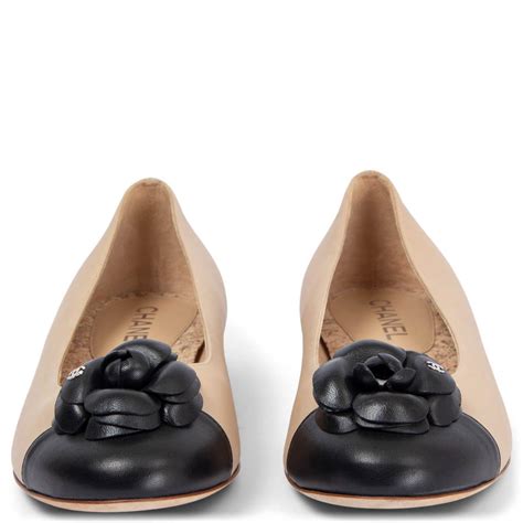 Chanel Beige And Black Leather Camellia Ballet Flats Shoes At