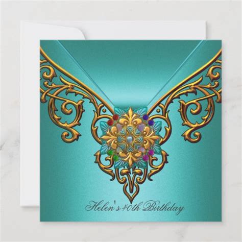 40th Birthday Party Teal Blue Gold Jewel Lace Invitation Zazzle