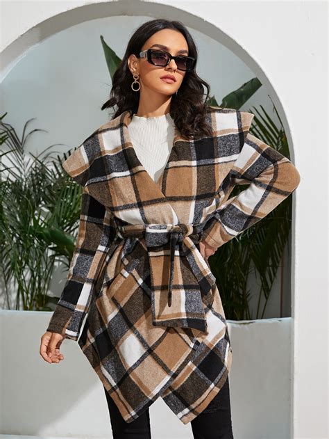 Plaid Waterfall Collar Belted Tweed Overcoat Artofit