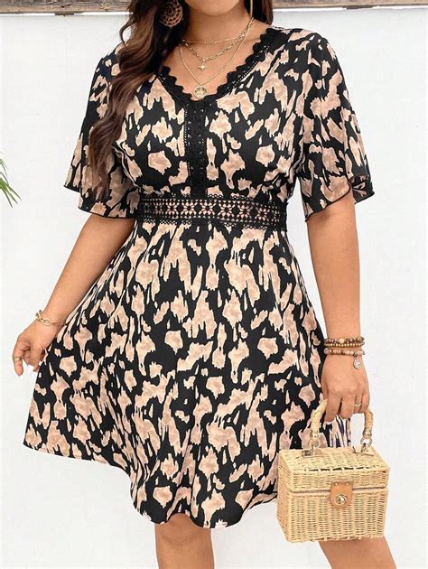 SHEIN Frenchy Plus Size Summer A Line Full Print Lace Trimmed Dress ...