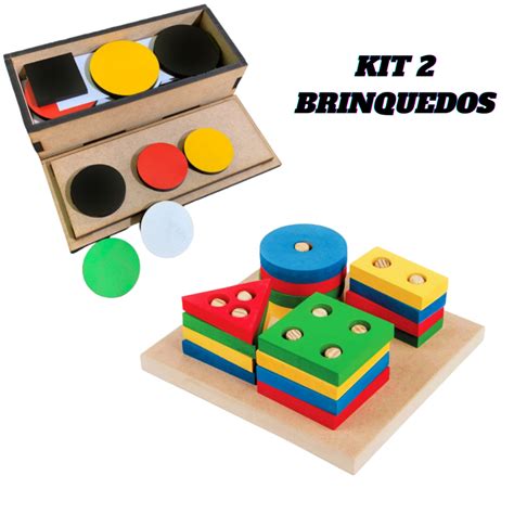 KIT 2 BRINQUEDOS TESTE TOKEN ENCAIXE DE FORMAS GEOMÉTRICAS Em Madeira