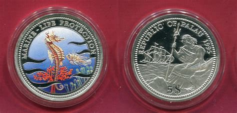 Palau 5 Dollars Silbermünze mit Farbauflage 1995 Schutz der Meeresfauna