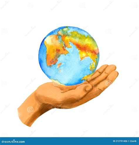 Hand Holding World Globe Watercolor Concept For Earth Day Or Hour