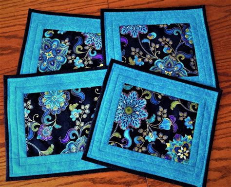 Quilted Fabric Place Mats Set Of Black Turquoise Purple Etsy Australia