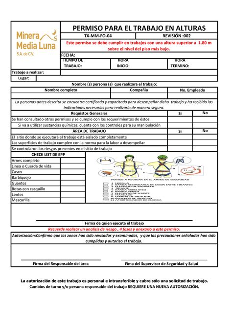 Permiso De Trabajo En Alturas Tiempo De Trabajo Hora Inicio Hora