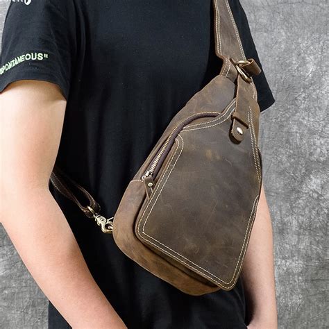 Genuine Leather Brown Men Sling Bag Single Shoulder Bag Etsy