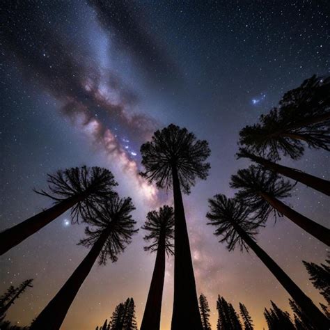 A Starry Night Sky With Palm Trees And A Star Filled Sky Premium AI