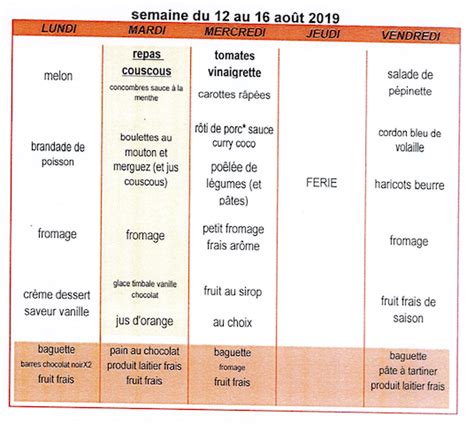 Parents d élèves école Ferdinand Buisson Menus du 12 au 16 août 2019