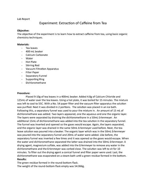 Lab Report Extraction Of Caffeine From Tea Lab Report Experiment