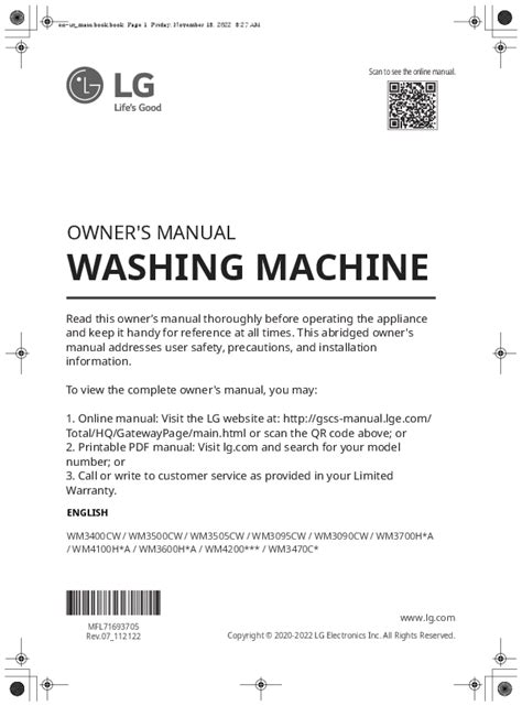 LG WM3470CW 5.0 Cu. Ft. Stackable Smart Front Load Washer User Manual