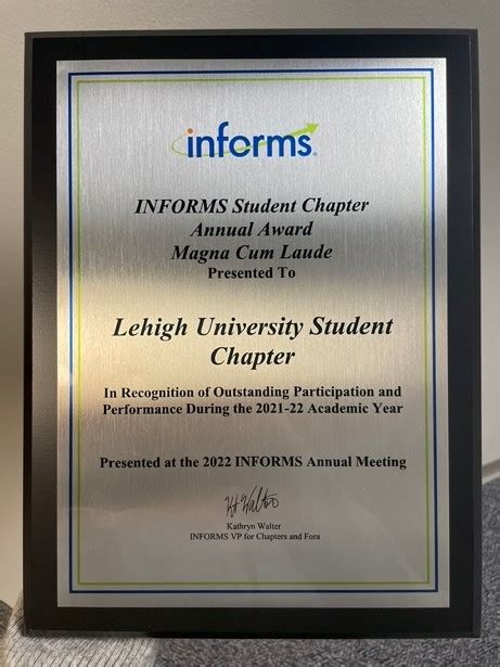 Lehigh ISE Graduate Student Chapter Won A Magna Cum Laude 2022 Award