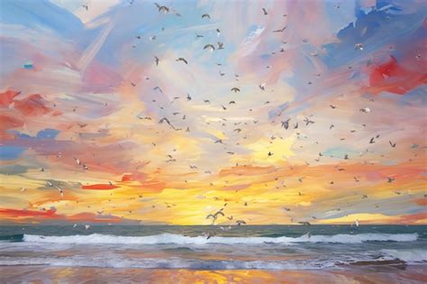 Premium AI Image | Seagulls flying in the sky over the sea digital painting