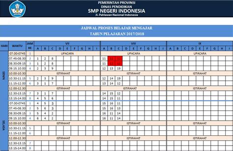 Template Jadwal Pelajaran Excel