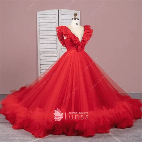 Beaded Ruffled V Neck Red Tulle Sweet 16 Quinceanera Gown Lunss