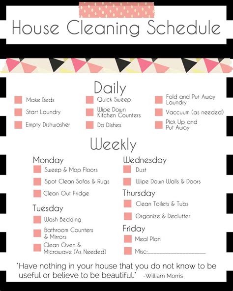 A Basic Cleaning Schedule Checklist Printable Cleaning Schedule