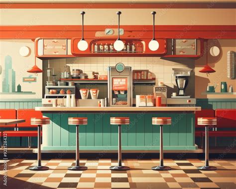 Vintage cafe scene flat design, front view, 1950s diner, cartoon ...