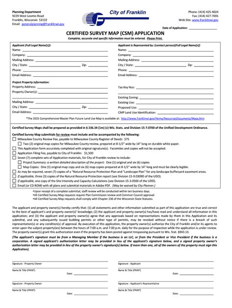 Fillable Online Franklinwi Certified Survey Map Csm Application For The