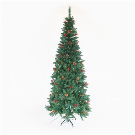 Artificial Slim Christmas Tree Pre Lit Pencil Feel Real Skinny Fir Tree With Cones And Berries 1