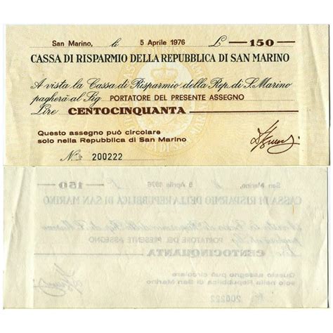 1976 Cheque San Marino 150 Lire Cassa Di Risparmio Della Repubblica