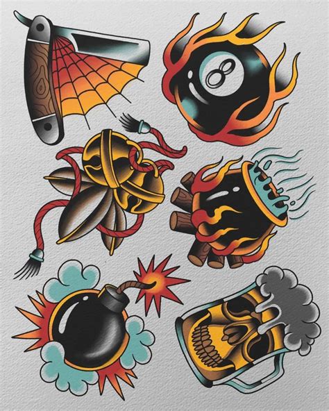 An Assortment Of Tattoos On Paper With Different Colors And Designs