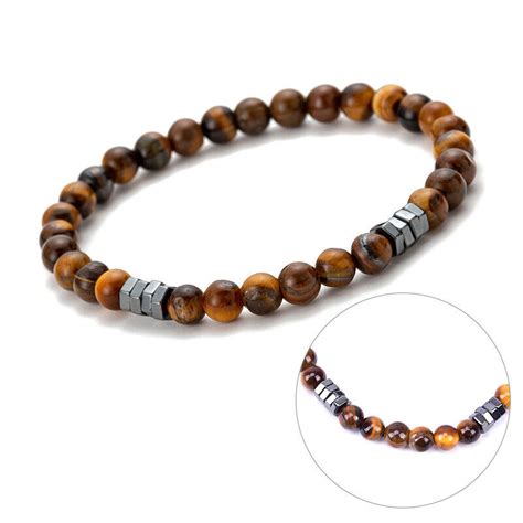 Natural Tiger Eye Stone Men S Beaded Cuff Charm Bangle Bracelet Fashion