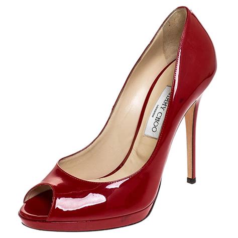 Pre Owned Jimmy Choo Red Patent Leather Luna Peep Toe Platform Pumps Size 41 Modesens