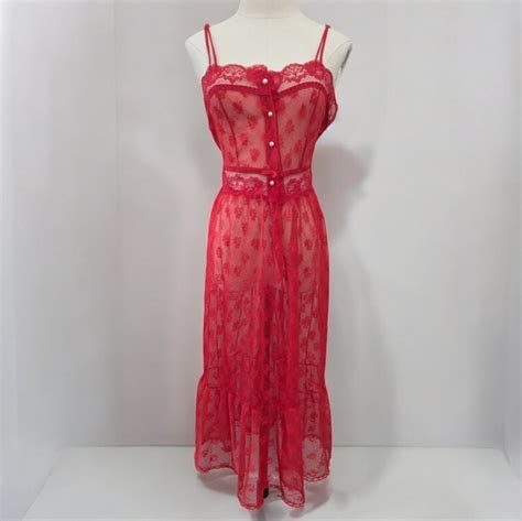 Vintage Intimates Sleepwear Vintage S Coquette Red Sheer Lace Babydoll Lingerie Dress