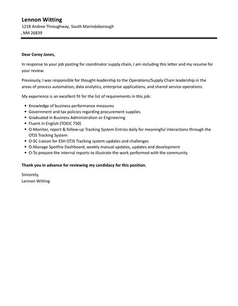 Coordinator Supply Chain Cover Letter Velvet Jobs