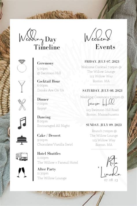 The Wedding Program Is Displayed On Top Of A Wicker Basket