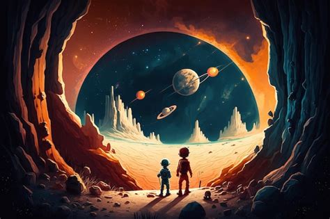 Premium Photo A Cartoon Of Two Children Looking At A Planet With