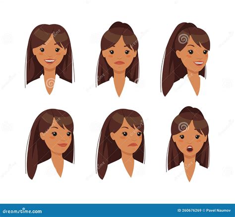 Set Of Various Female Emotional Faces Young Woman With Different