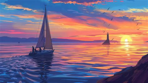 Sunset Sailing Wallpaper Boat On Calm Water At Dusk Peaceful Ocean