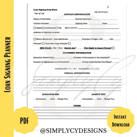 Printable Loan Signing Prep Sheet Loan Signing Planner Notary Signing