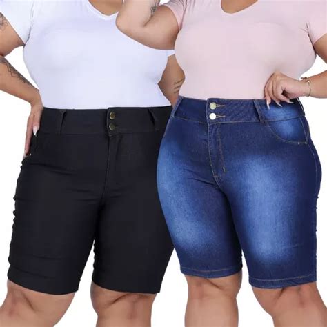 Kit Bermudas Jeans Feminina Plus Size Cintura Alta Lycra