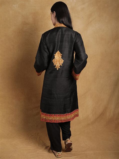 Moonless Night Pure Silk Long Jacket From Kashmir With Hand Aari