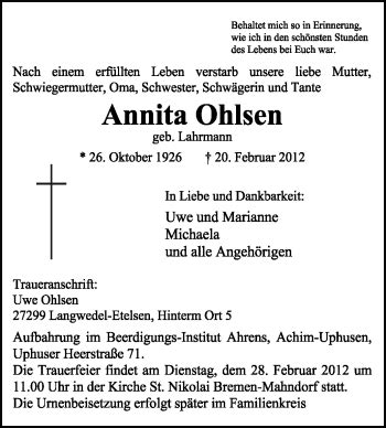 Traueranzeigen Von Annita Ohlsen Trauer Kreiszeitung De