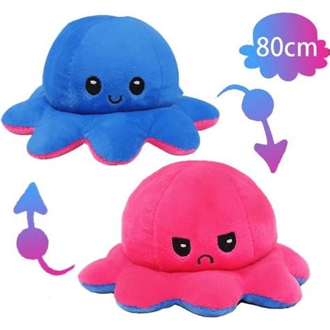 Peluche Pieuvre Reversible Geante Cm Bleu Et Rose Double Face Humeur