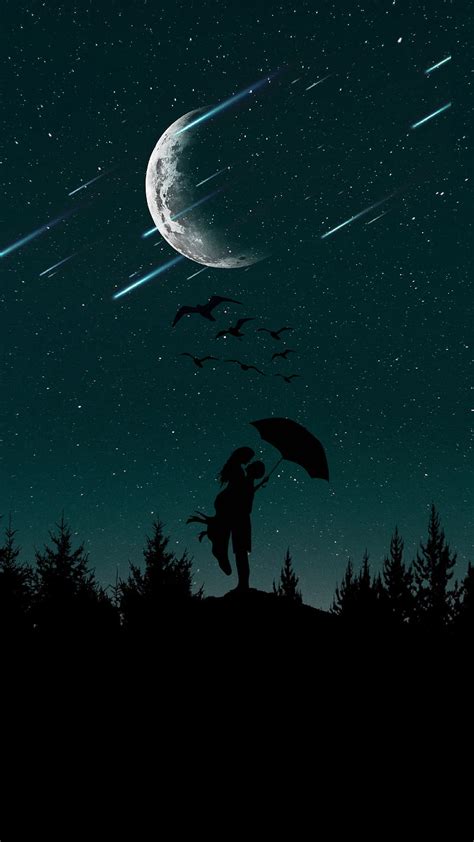 Couple Silhouettes Love Starry Sky Umbrella Moon Trees Night Hd