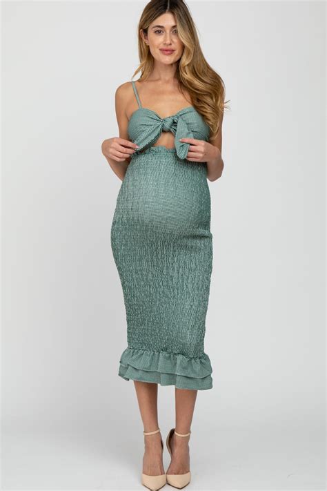 Green Gingham Print Smocked Fitted Self Tie Maternity Midi Dress